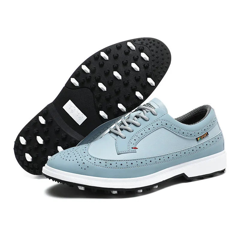 Men's genuine leather golf shoe in lake blue with a non-slip rubber outsole.