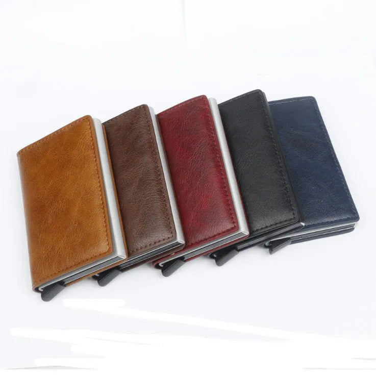 PU aluminium alloy automatic card holder with RFID protection in brown colour, showing pop-up card slot.