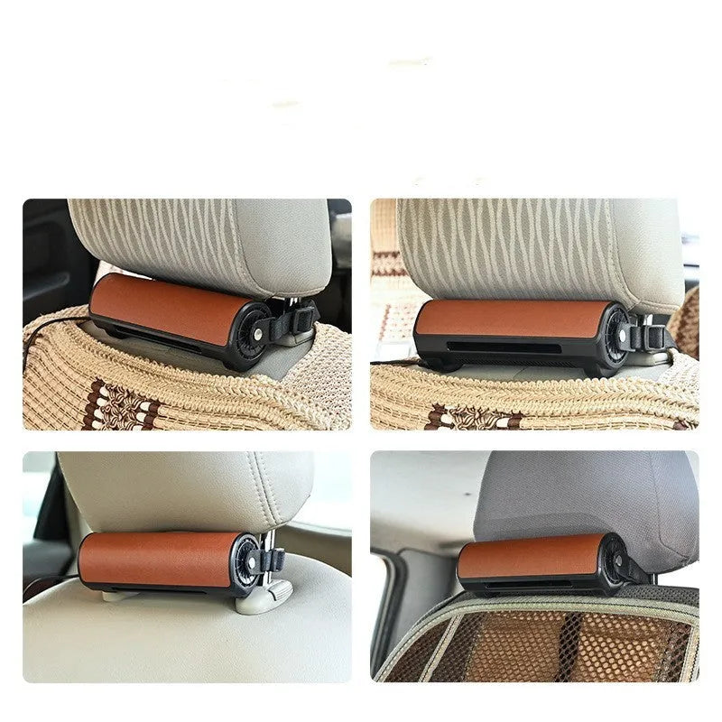 Compact black bladeless car mounted fan with USB power connection showing ventilation openings