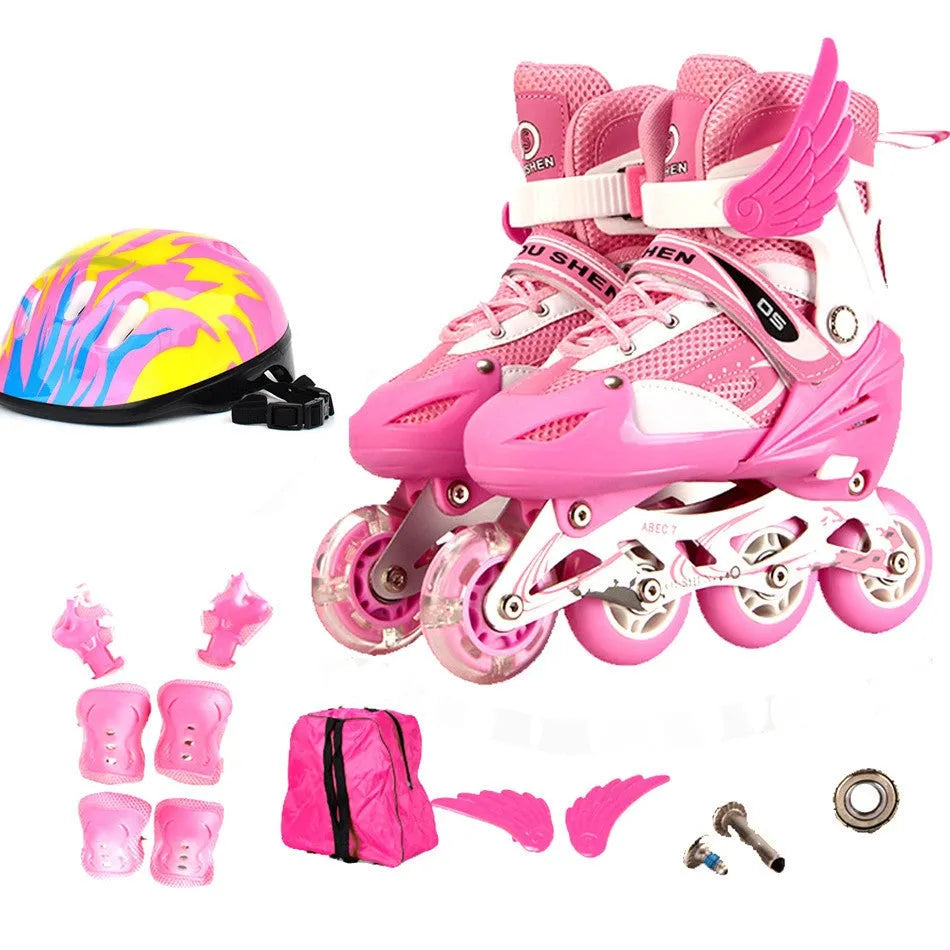 Adjustable children's roller skates set with protective gear, helmet, and backpack in multiple colours.