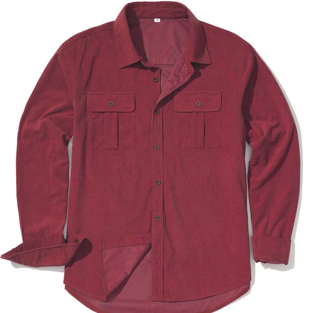 Men's loose fit corduroy shirt in army green colour with long sleeves and retro styling