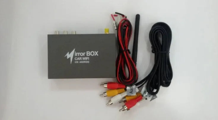 Black car mirror link box with Wi-Fi antenna for smartphone screen mirroring to vehicle display