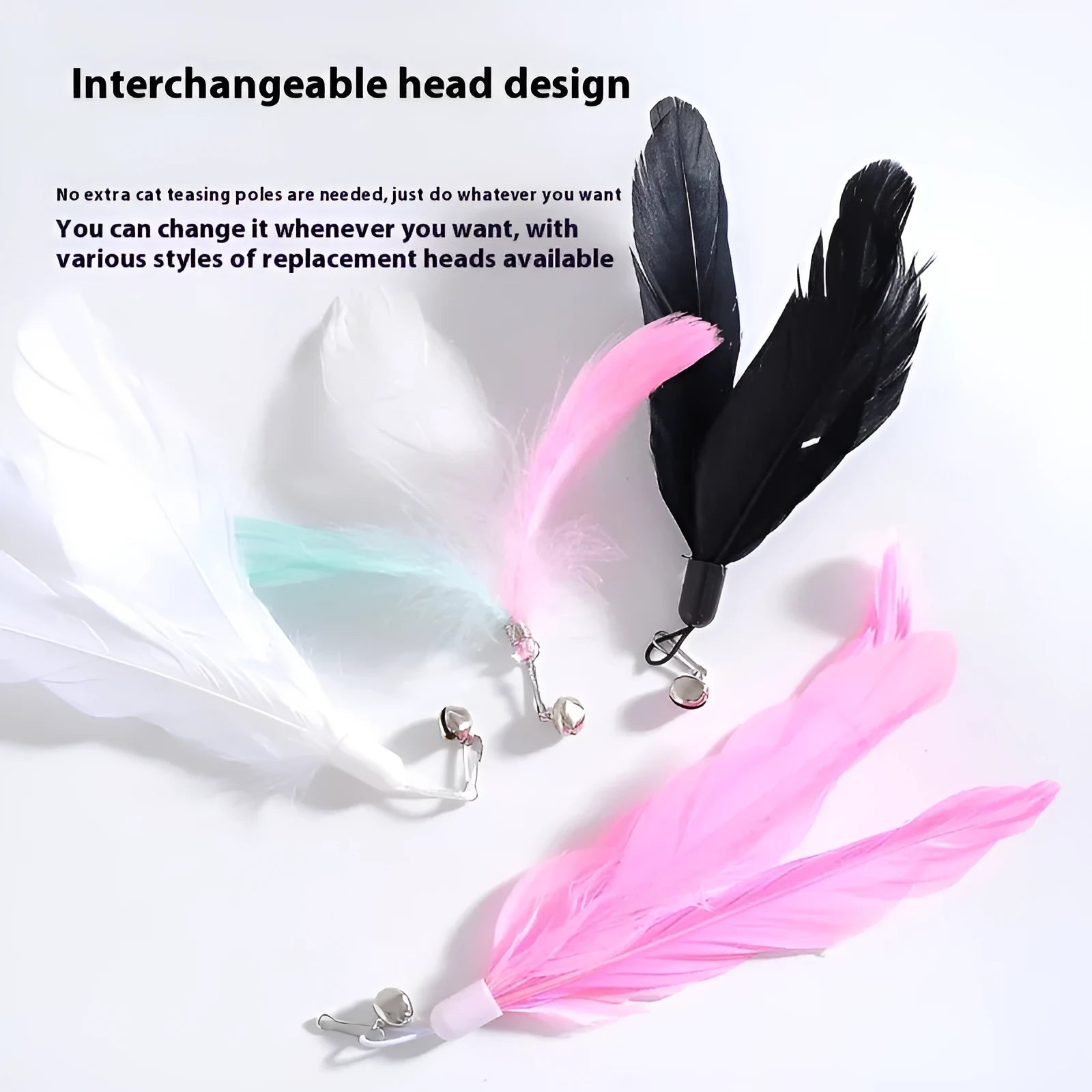 Cat teaser toy with suction cup mount, bell, and feather attachments in multiple colour variations