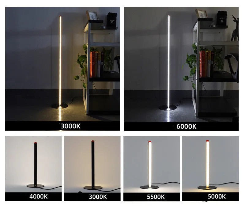 Modern vertical aluminium alloy floor lamp in silver, shown beside a sofa in a living room setting.