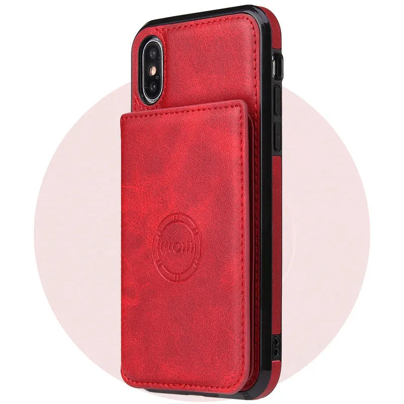 Imitation leather card wallet phone case for iPhone in solid colours including black, blue, and brown.