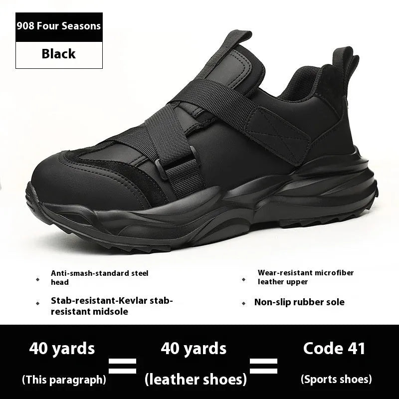 Black safety work shoes with steel toe cap and felt buckle closure on a white background