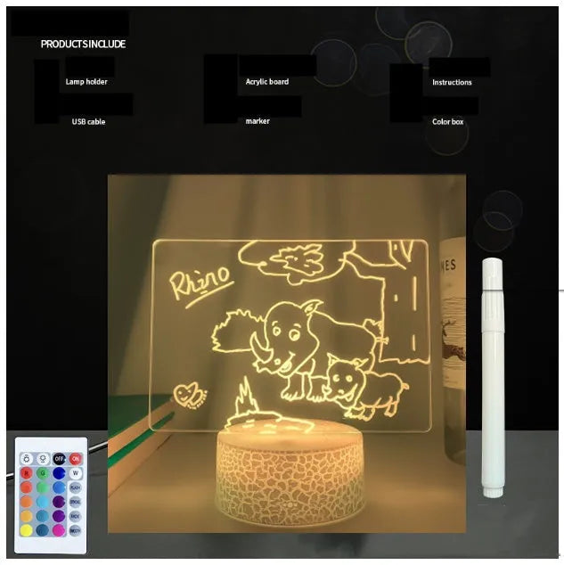 3D acrylic message board light with coloured illumination and handwritten text on surface