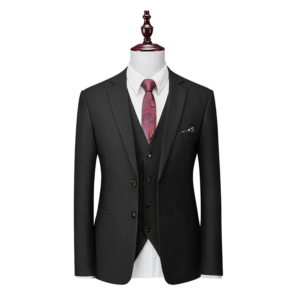 Men's navy blue plaid slim fit three-piece suit with jacket, vest, and trousers on hanger