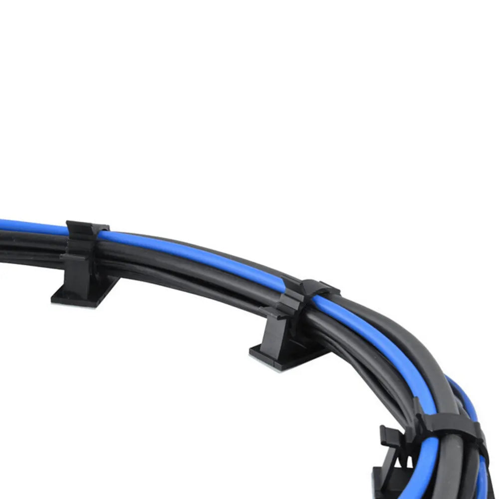 Ten black nylon adhesive cable clamps with two-stage lock design for 13mm cables.