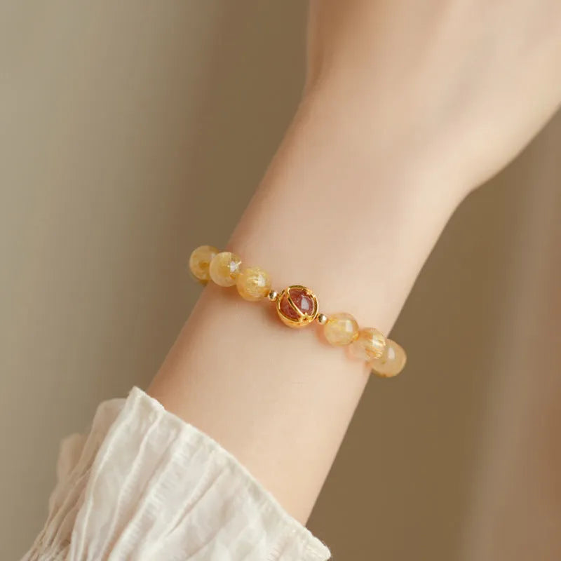 Citrine and gold rutilated quartz crystal bracelet with diamond-shaped beads in Korean style