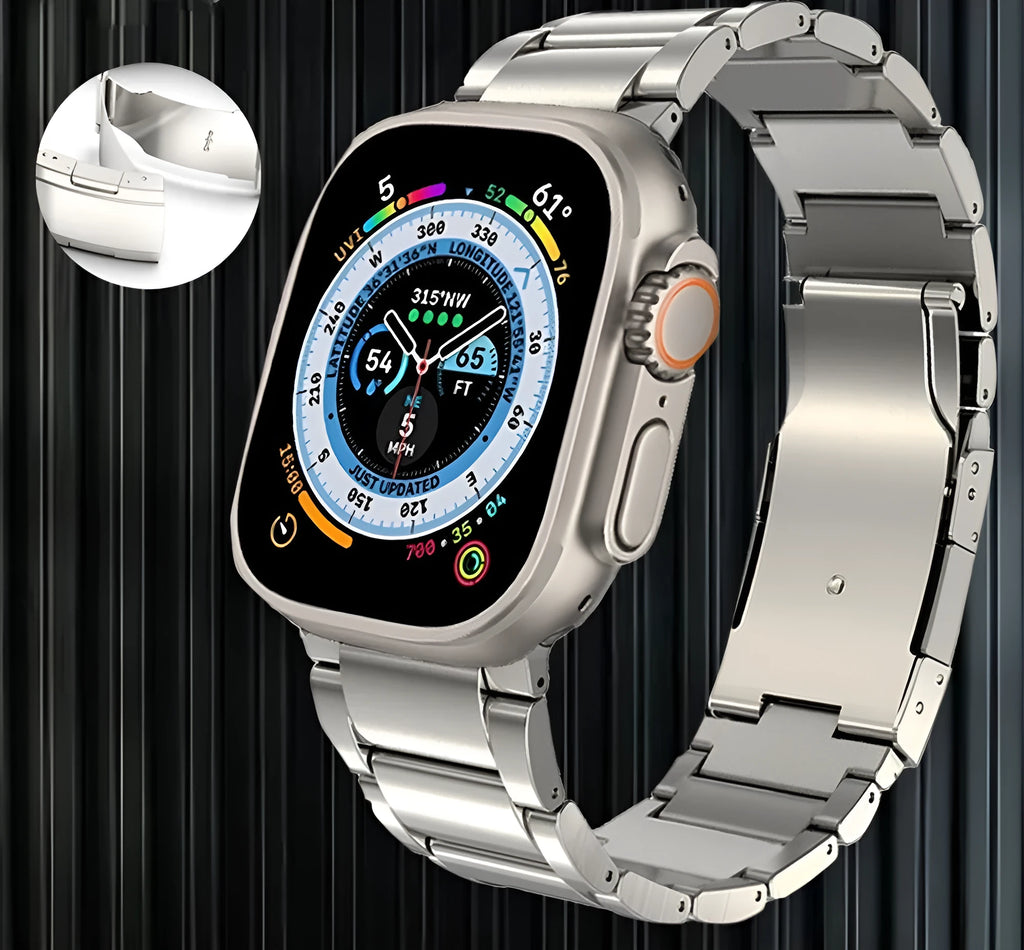 Titanium Apple Watch replacement strap with folding buckle in black and silver options