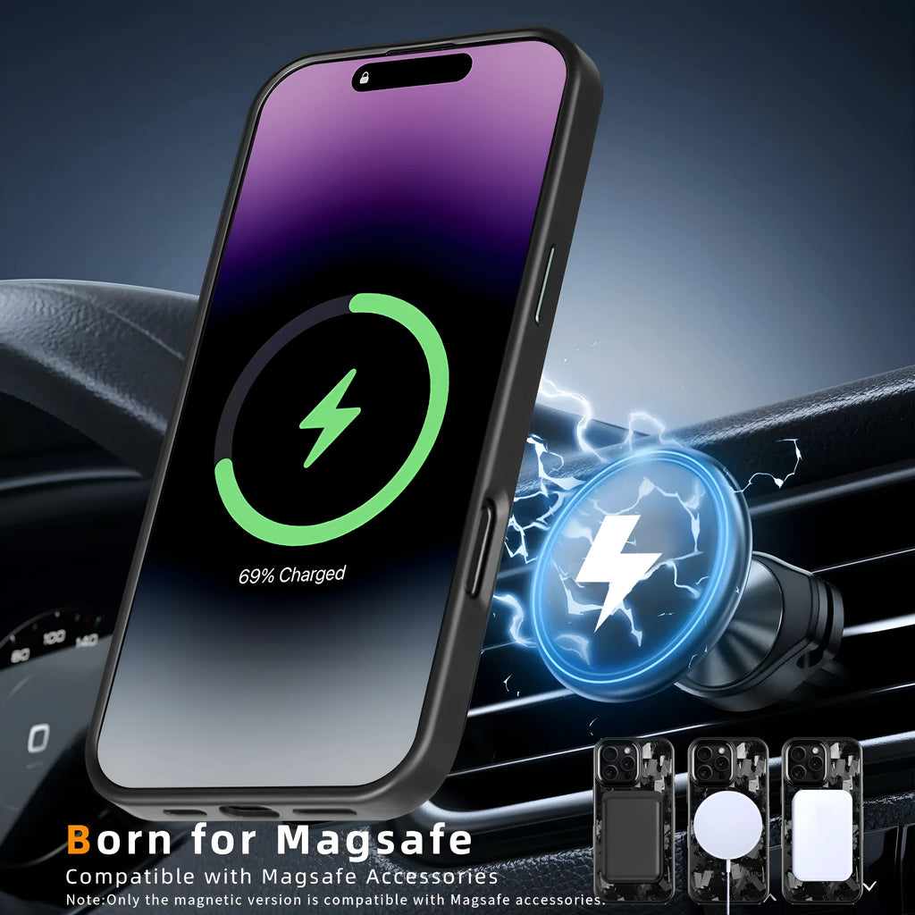 Black metal frame carbon fibre iPhone protective case with magnetic back shown alongside blue and red colour variants.