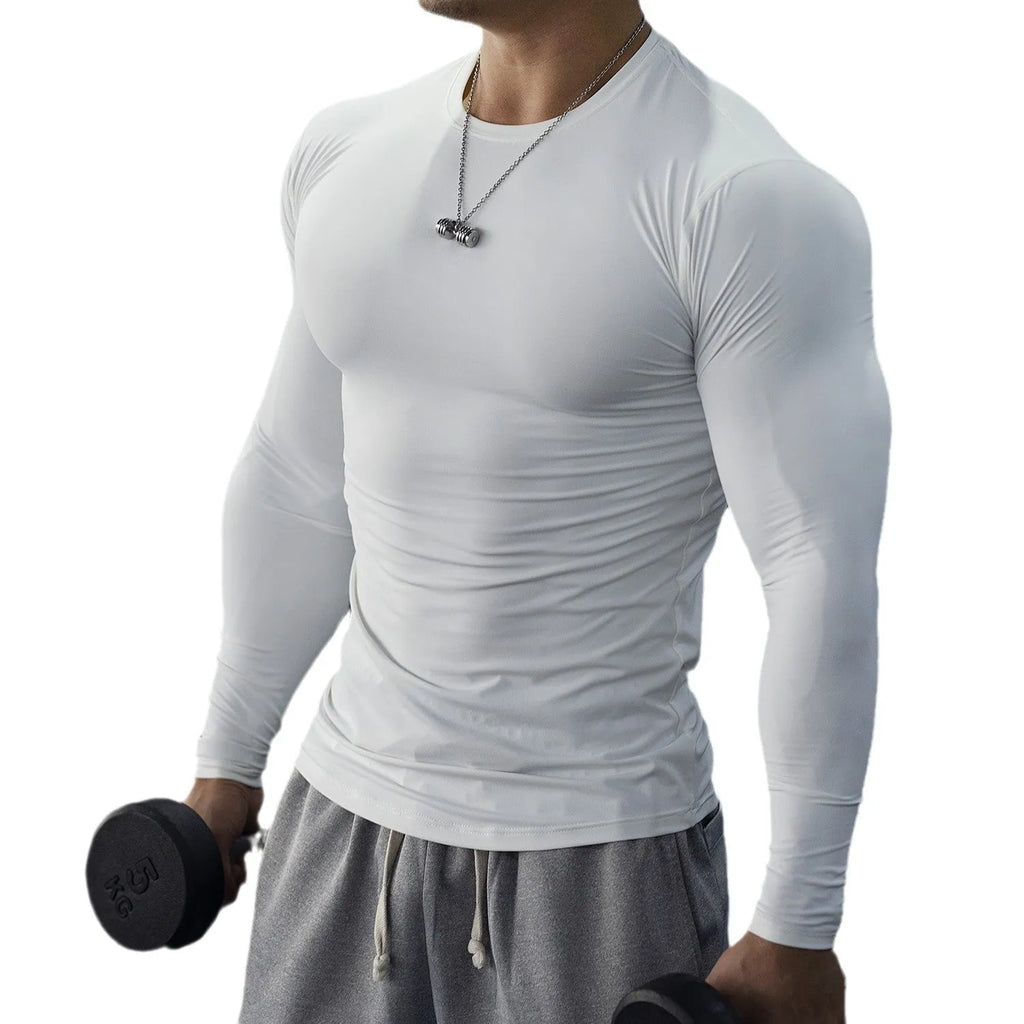 Men's black fitness tights with long sleeves slim fit design for athletic activities