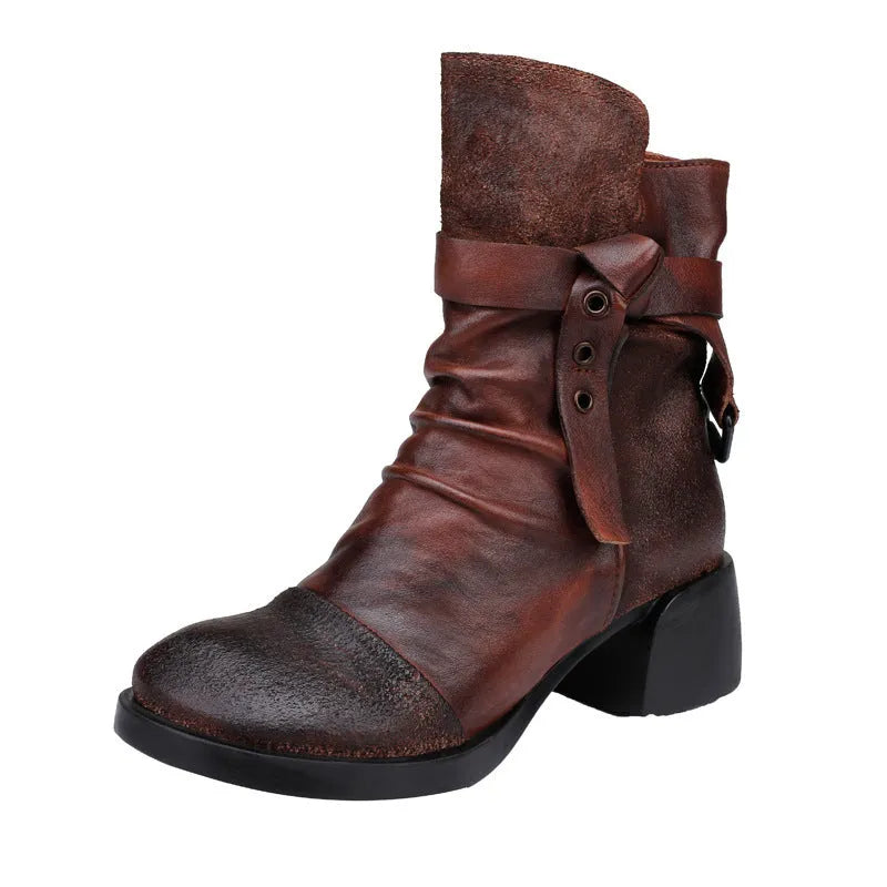 Women's retro chunky heel ankle boots in genuine leather with round toe