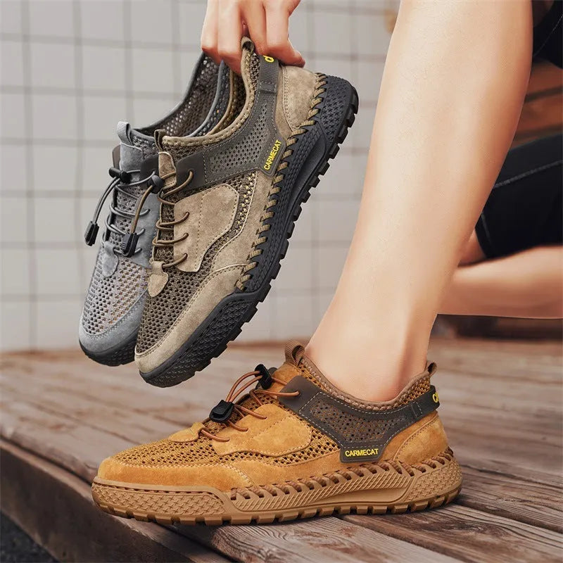 Men's brown suede tennis shoes with elastic band and rubber sole