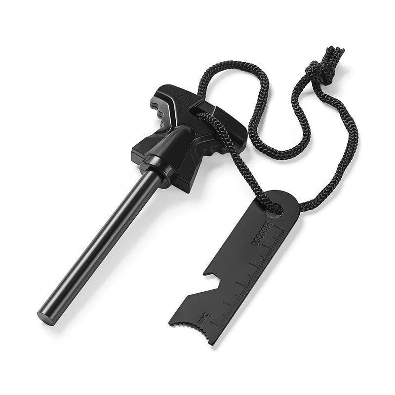 Butterfly-shaped stainless steel survival tool with fire starter and bottle opener, shown with dimensions.