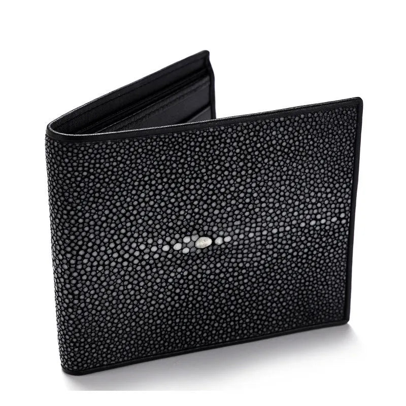 Genuine pearl fishskin cowhide leather wallet in a short horizontal square shape.