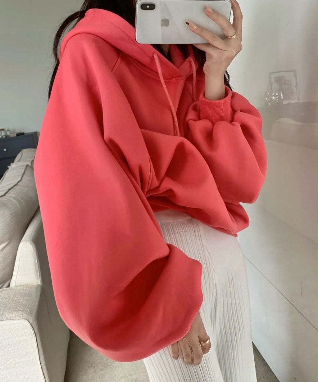 Watermelon red women's loose hooded sleeveless sweater made from mulberry silk.
