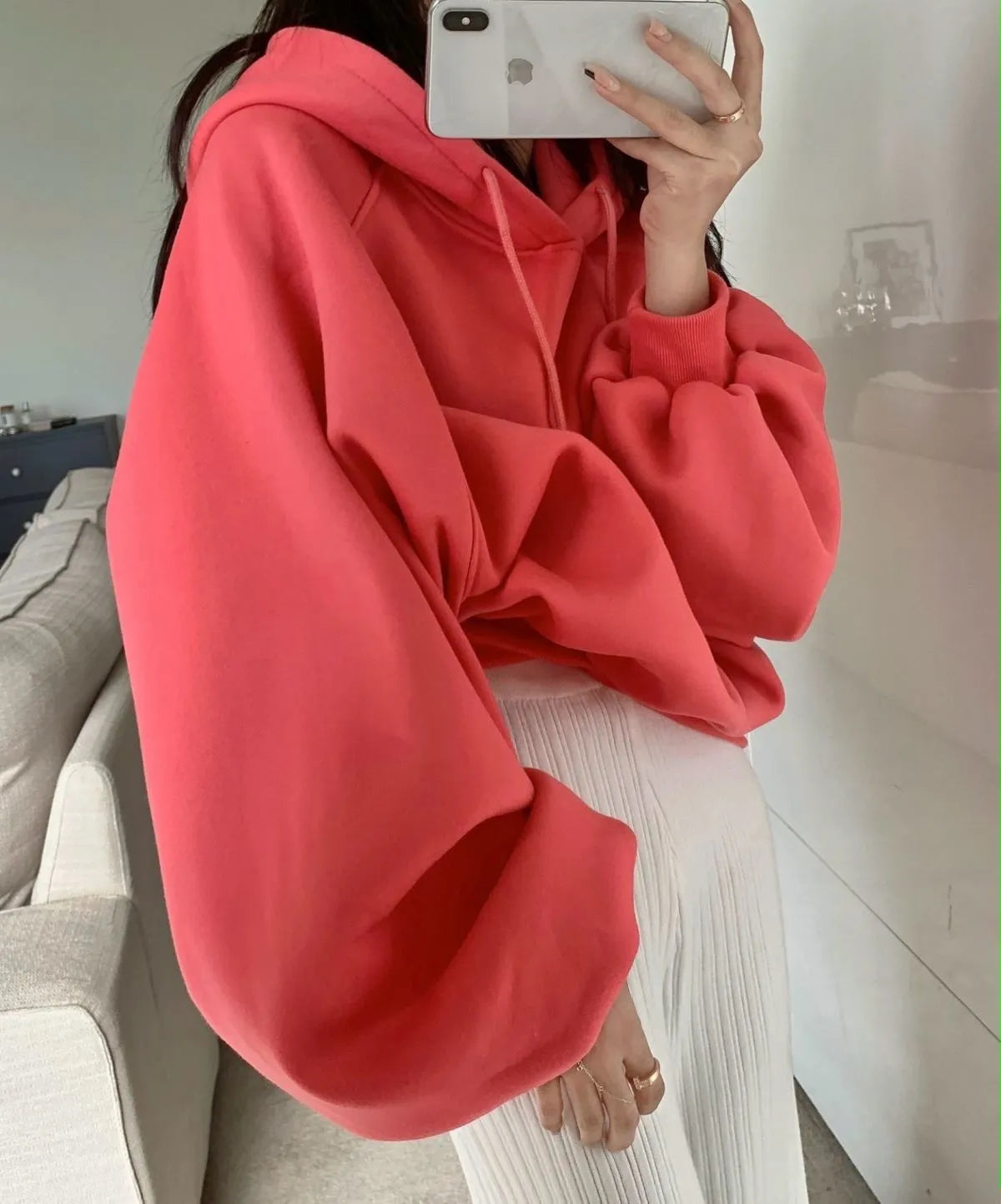Watermelon red women's loose hooded sleeveless sweater made from mulberry silk.