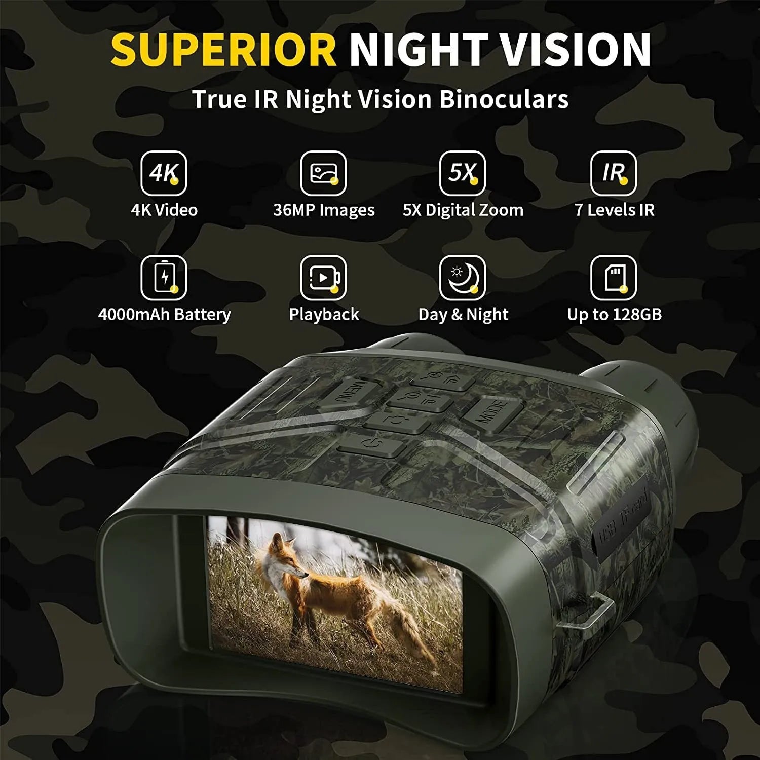Black 4K night vision instrument with LCD screen showing a night vision image, placed on a textured surface.