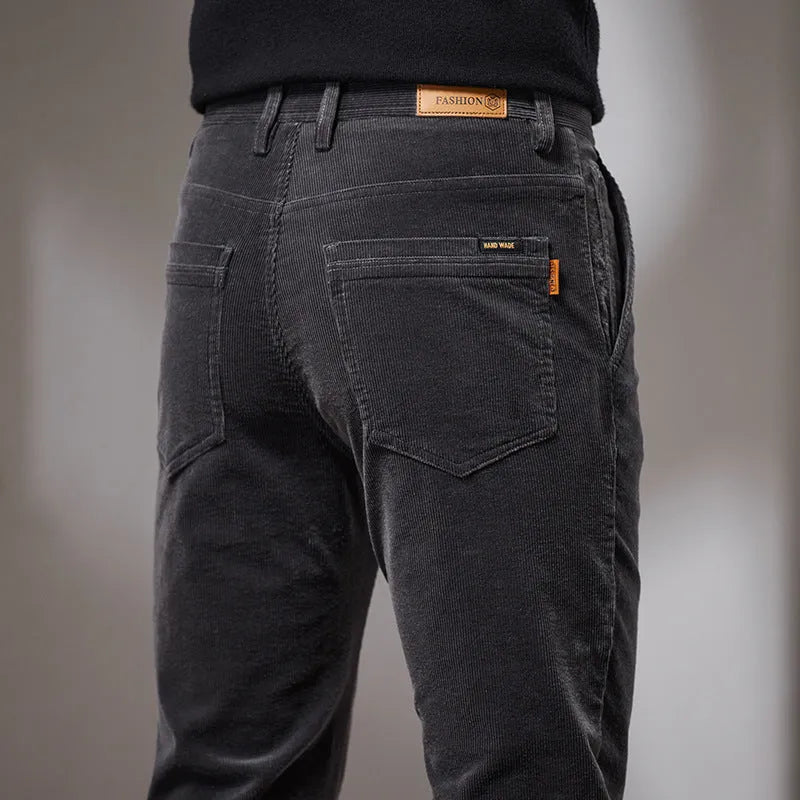 Men's slim fit straight corduroy trousers in black, cotton fabric, mid waist, micro elastic, size 28-40