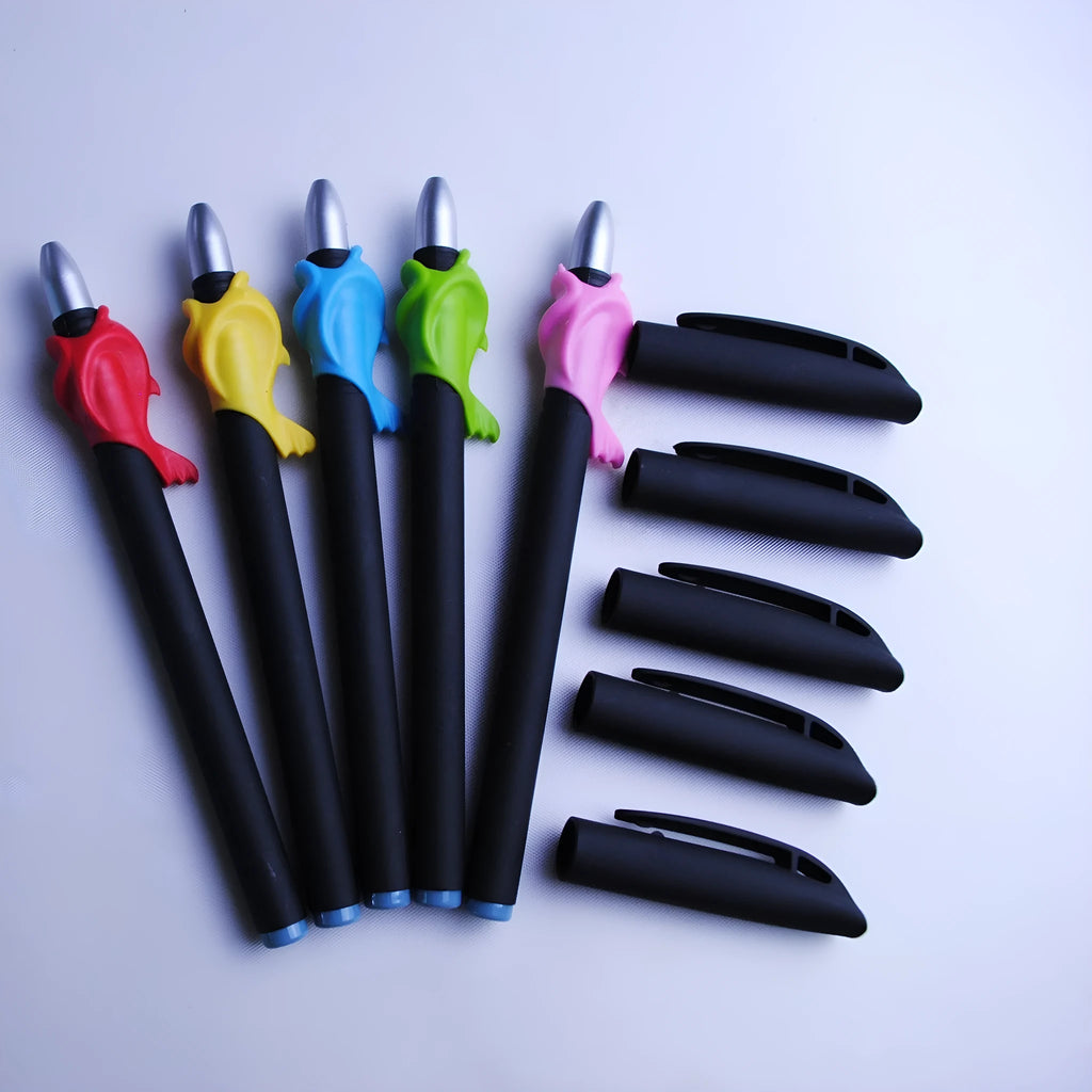 Blue automatic fading pen set with 0.5mm tip, eight refills, and pen holder on white background