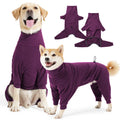 Dark grey polar fleece four-legged dog clothes with high collar on a medium-sized dog