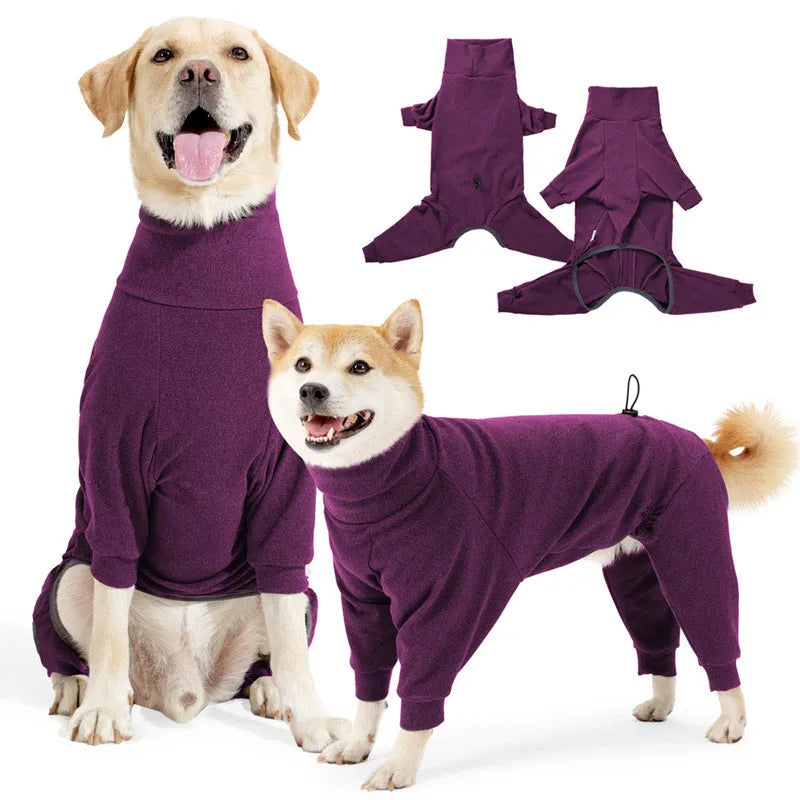 Dark grey polar fleece four-legged dog clothes with high collar on a medium-sized dog