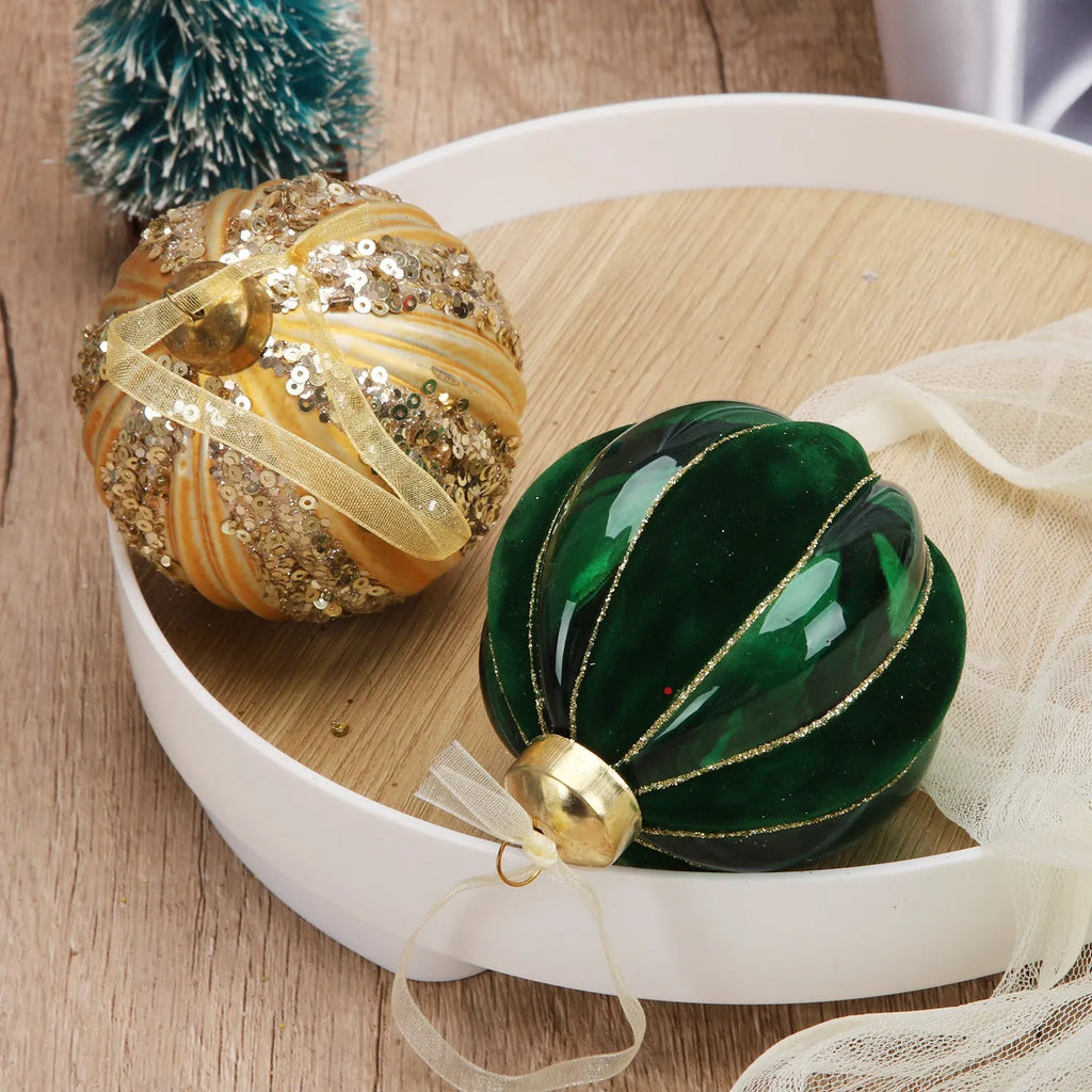 Green and yellow striped flocking Christmas glass ball decoration with mosaic surface on white background