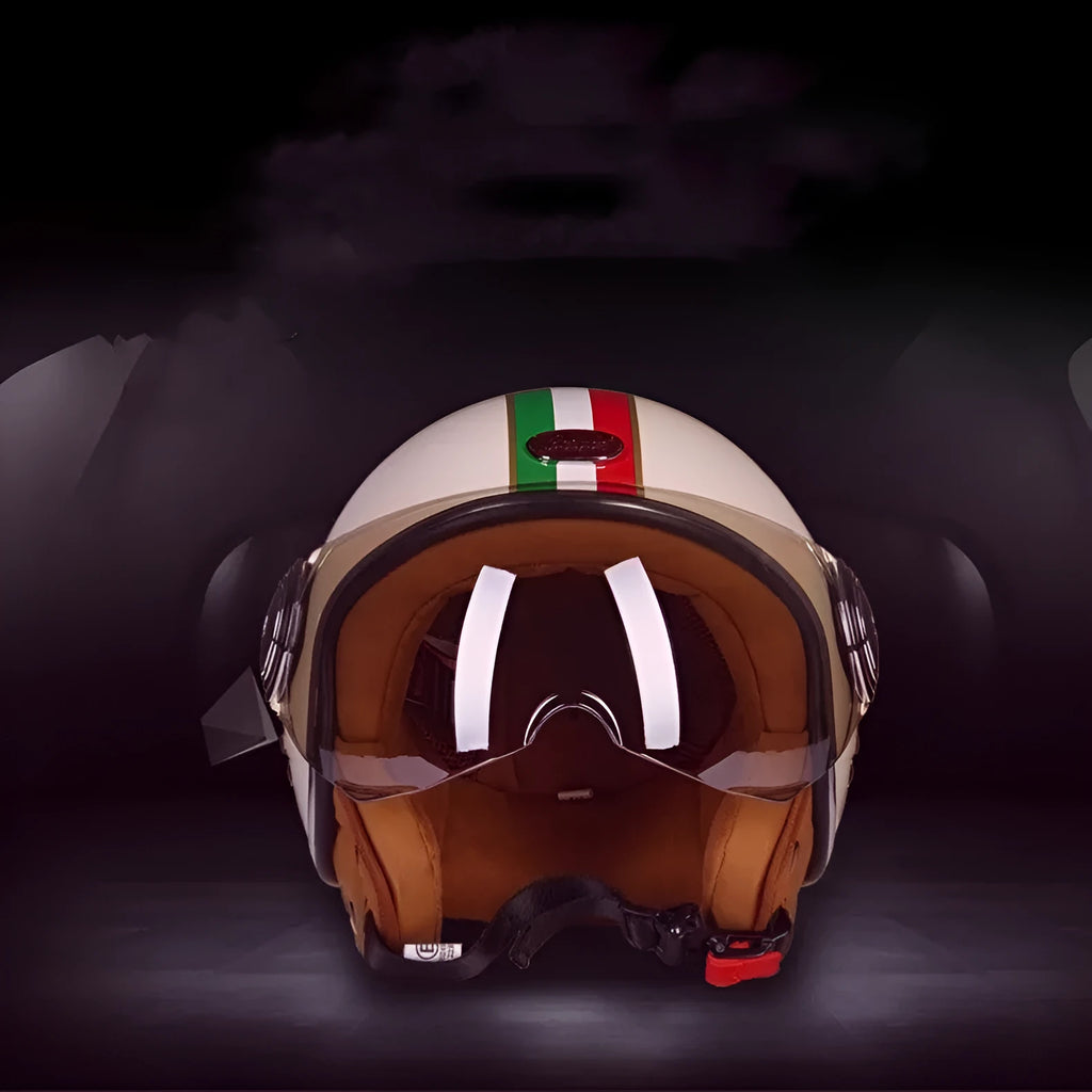 Retro-style motorcycle half helmet in a bright two-tone colour combination showing its lightweight ABS construction and semi-covered design.