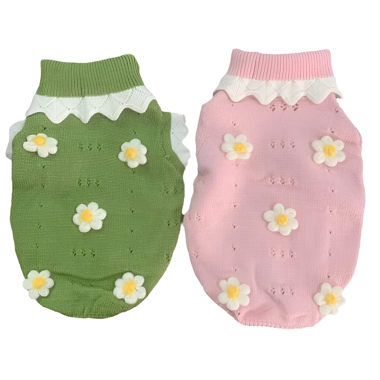Green knitted dog sweater with floral pattern, shown next to a size chart for XS, S, M, L, and XL.