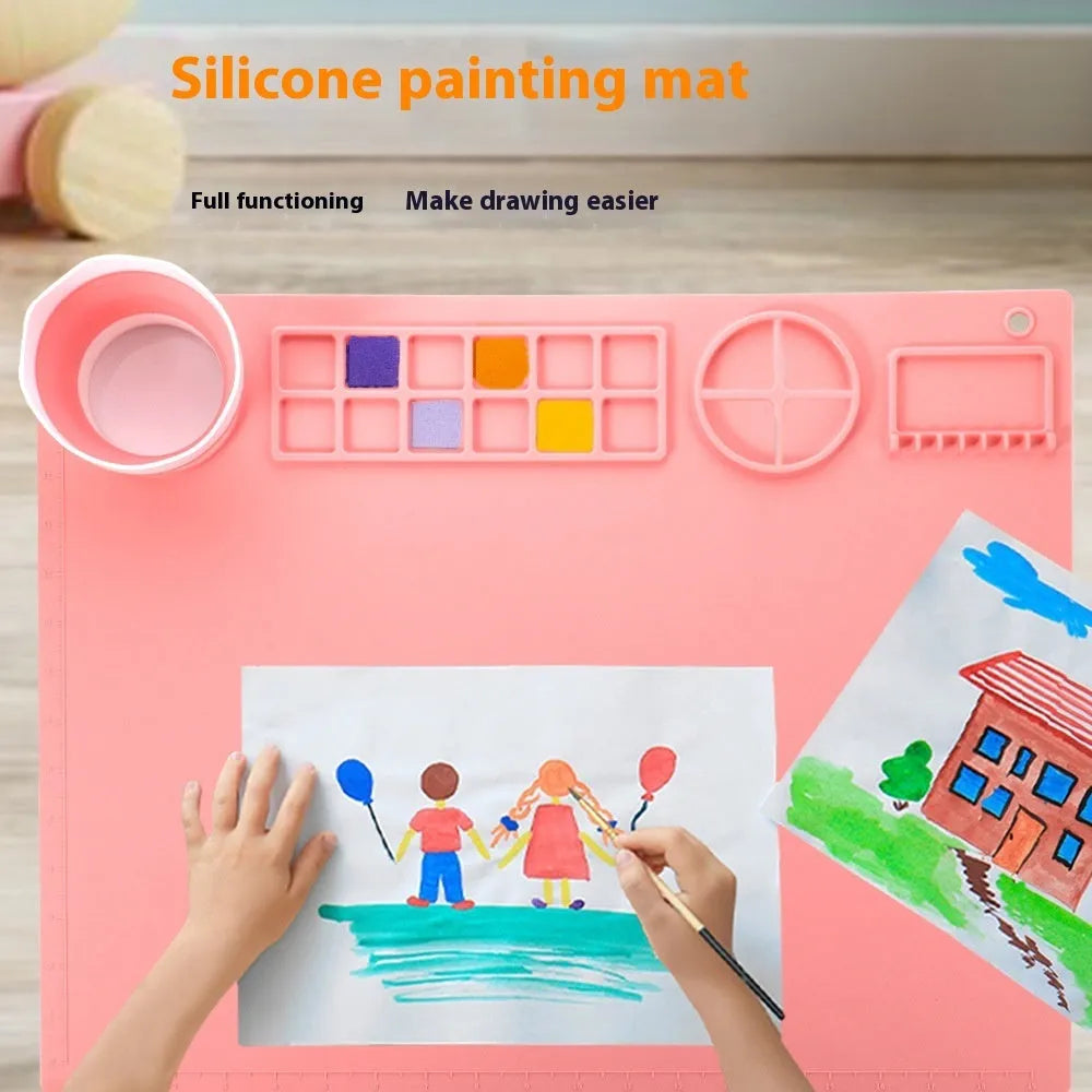 Silicone double bowl painting mat in green, measuring 50cm by 40cm, for watercolour and graffiti art.