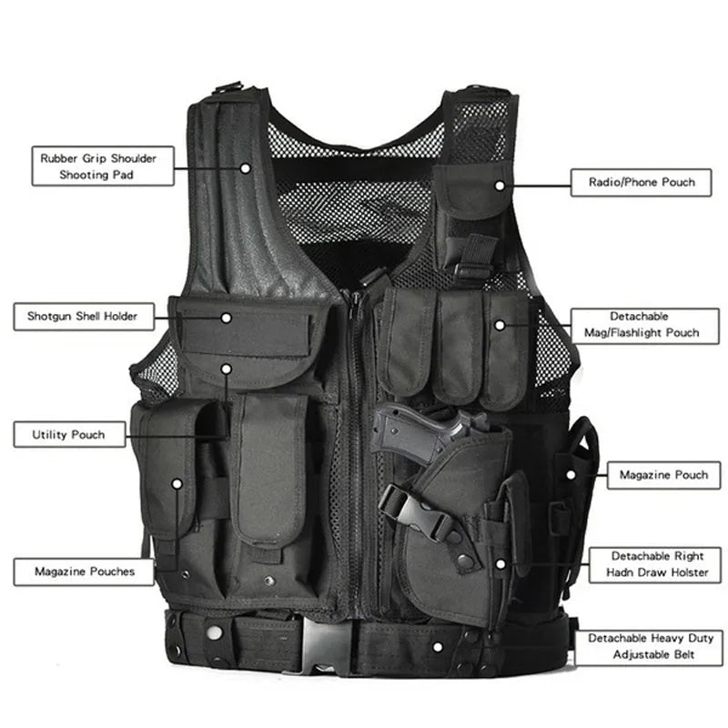Men's nylon camouflage tactical vest with magic tape and buckle straps, 50x60cm, one size, outdoor adventure gear