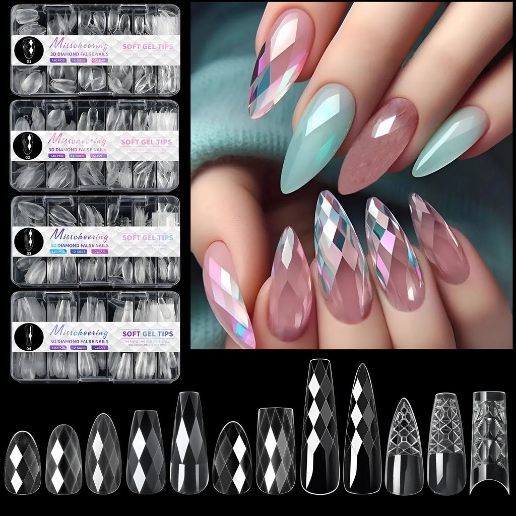 Long shaping false nail tips with 3D diamond pattern in multiple colour options.