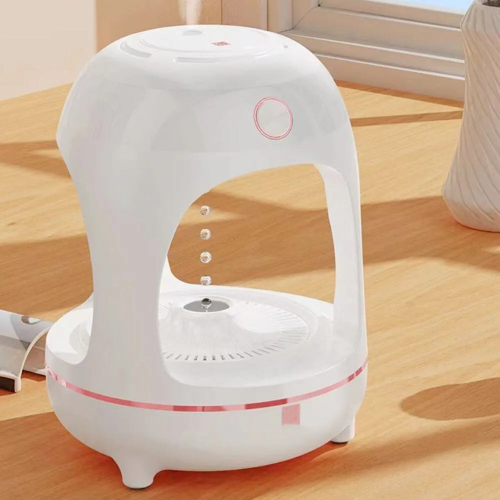 Levitation humidifier with floating water drops and LED night light in columnar design