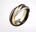 Sterling silver couple ring with full diamond setting and U-shaped geometric design on a finger.