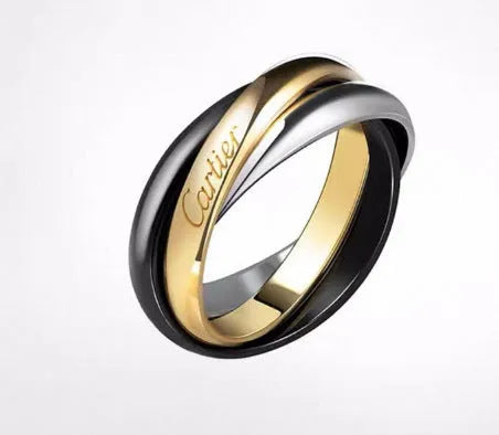 Sterling silver couple ring with full diamond setting and U-shaped geometric design on a finger.