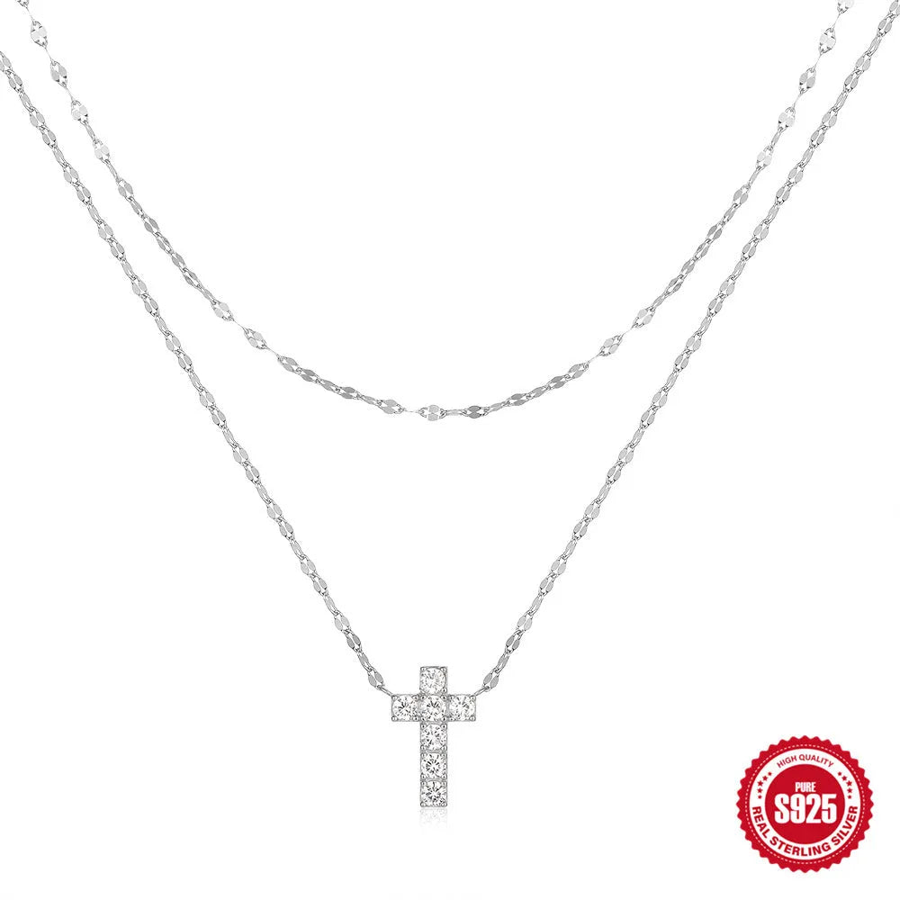 Sterling silver double-layer diamond cross pendant necklace on adjustable clavicle chain