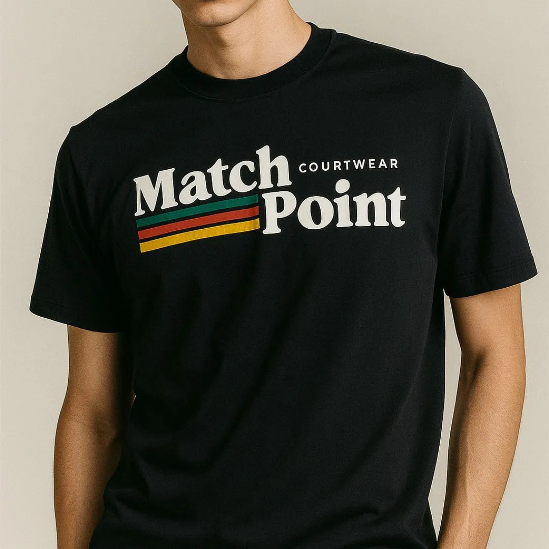 Black men's T-shirt with a 3D printed text design, short sleeves, and a round neck.