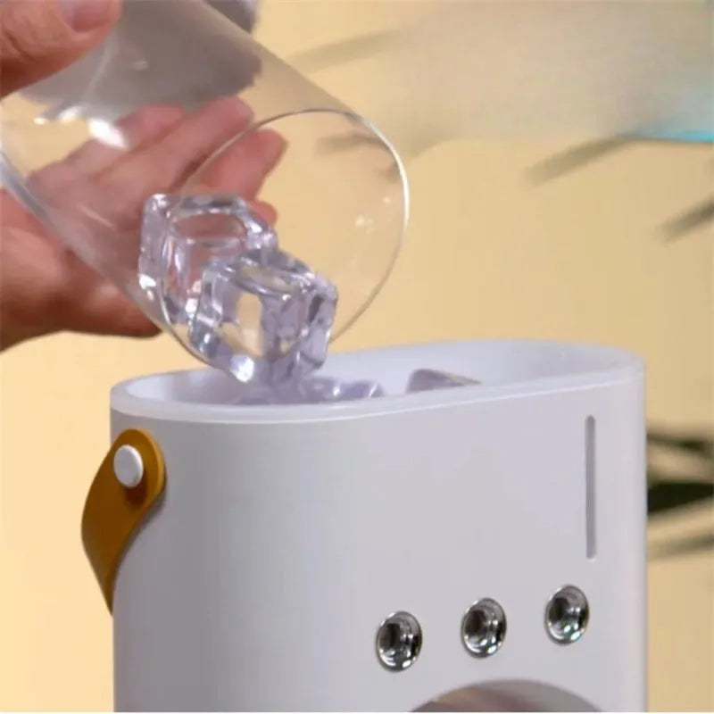White portable USB desk humidifying fan with double spray heads and remote control.