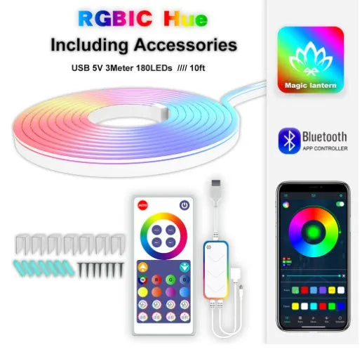 3-metre USB-powered neon LED strip lights with Bluetooth and WiFi control for indoor colour-changing lighting