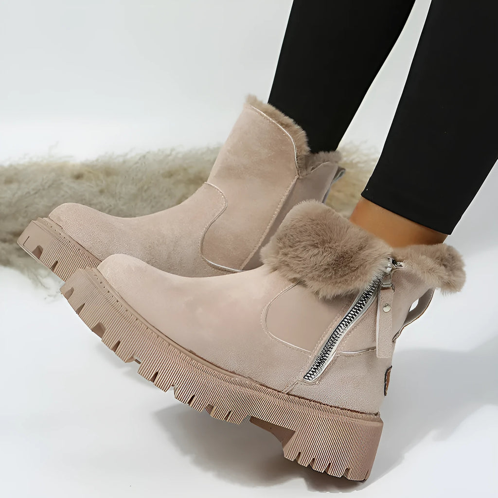 Women's cotton-lined snow boots with side zipper and non-slip sole in black, khaki, and light brown
