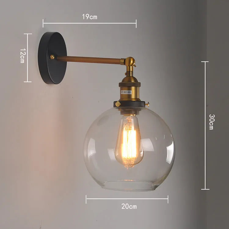 20cm diameter retro round ball glass wall lamp with aluminium holder in amber, smoky grey or clear colour.