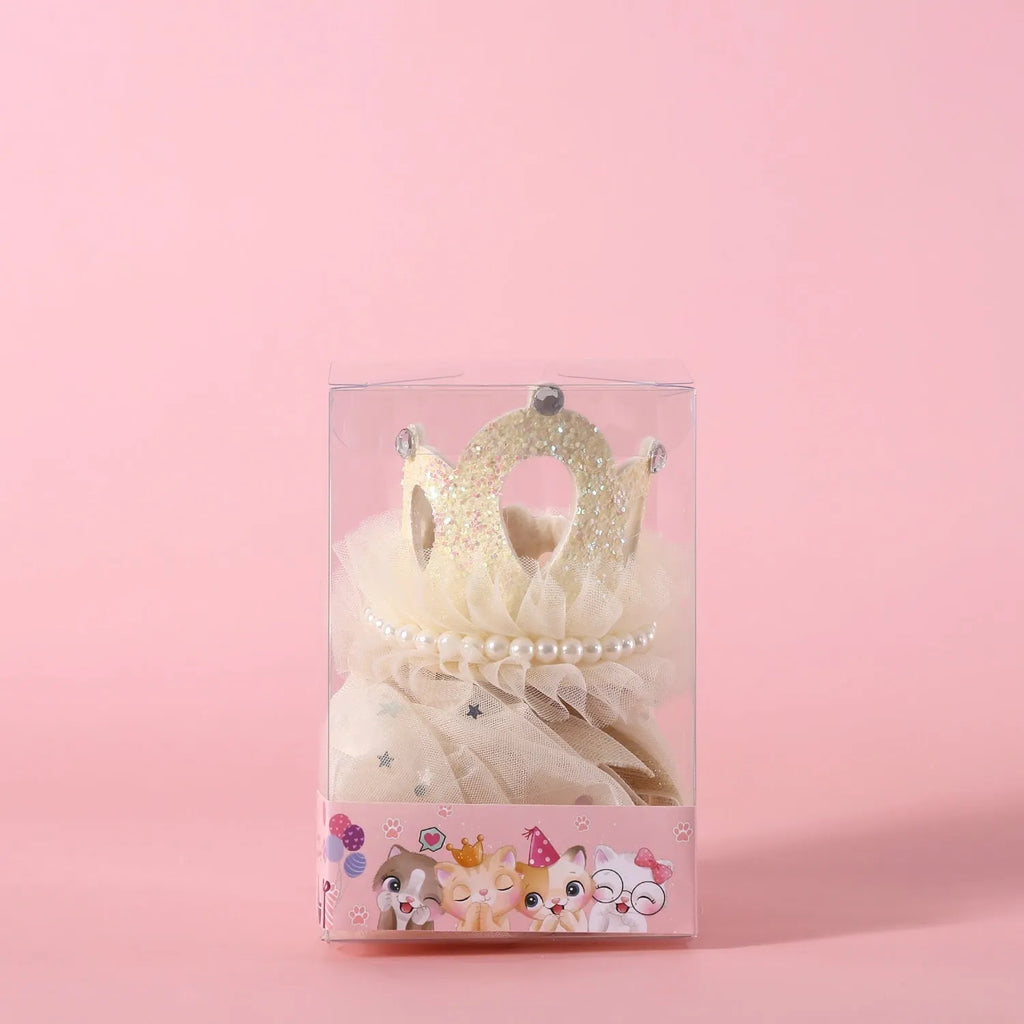 Pet cat wearing princess crown headdress with veil in beige or pink colour