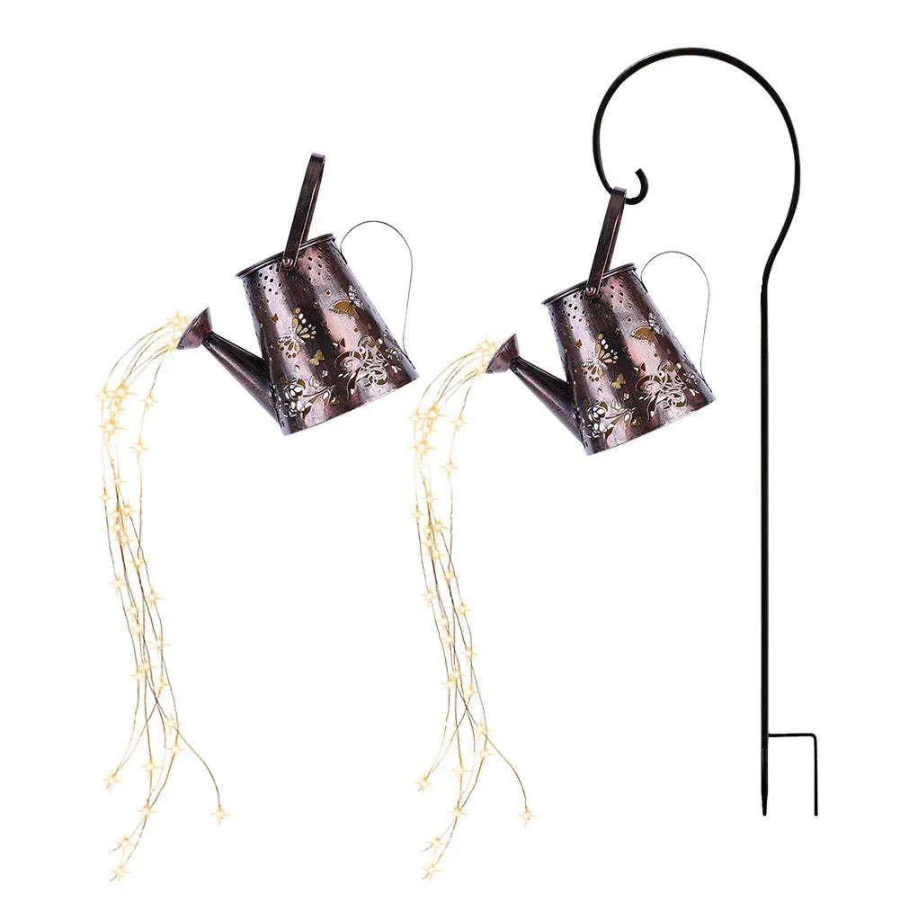 Solar-powered iron garden lamp with a tapered butterfly design in warm white.