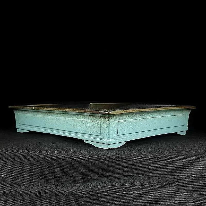 Green retro handmade ceramic bonsai flower pot with crackled purple sand glaze