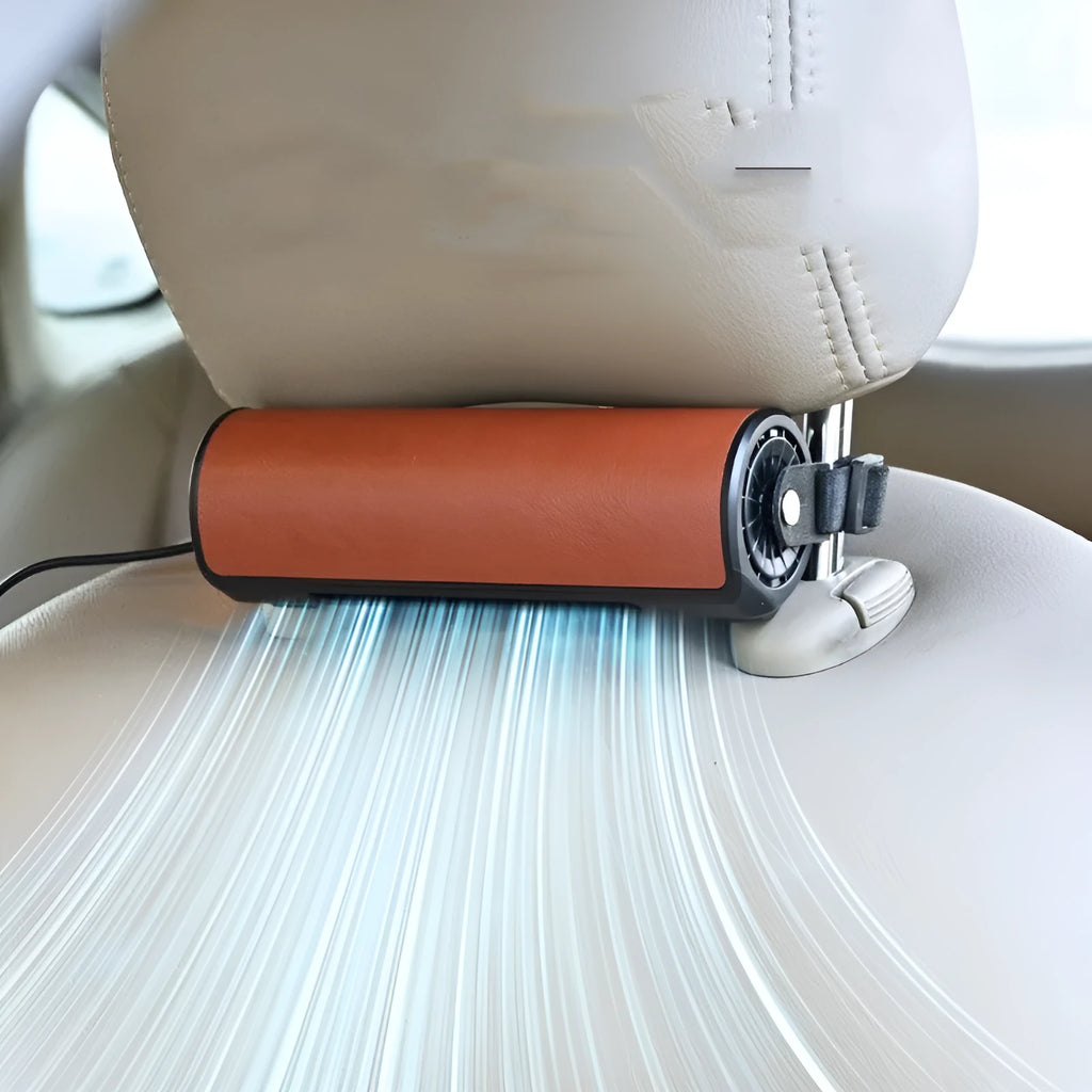 Compact black bladeless car mounted fan with USB power connection showing ventilation openings