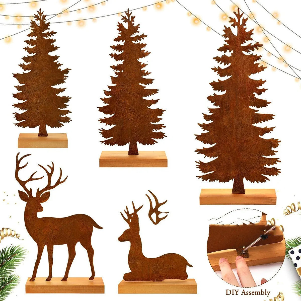 Three rusty metal Christmas ornaments featuring elk and tree silhouettes on a white background