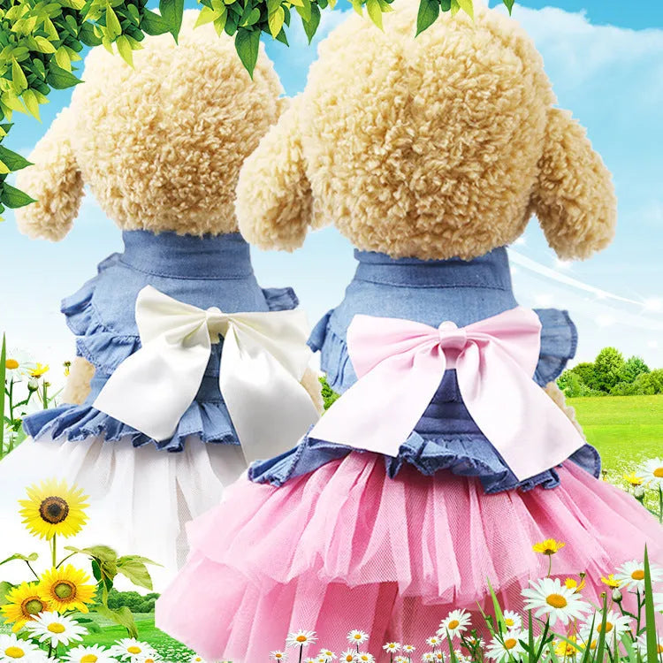 Korean denim pet skirt with creative bow detailing in pink or white yarn for small dogs