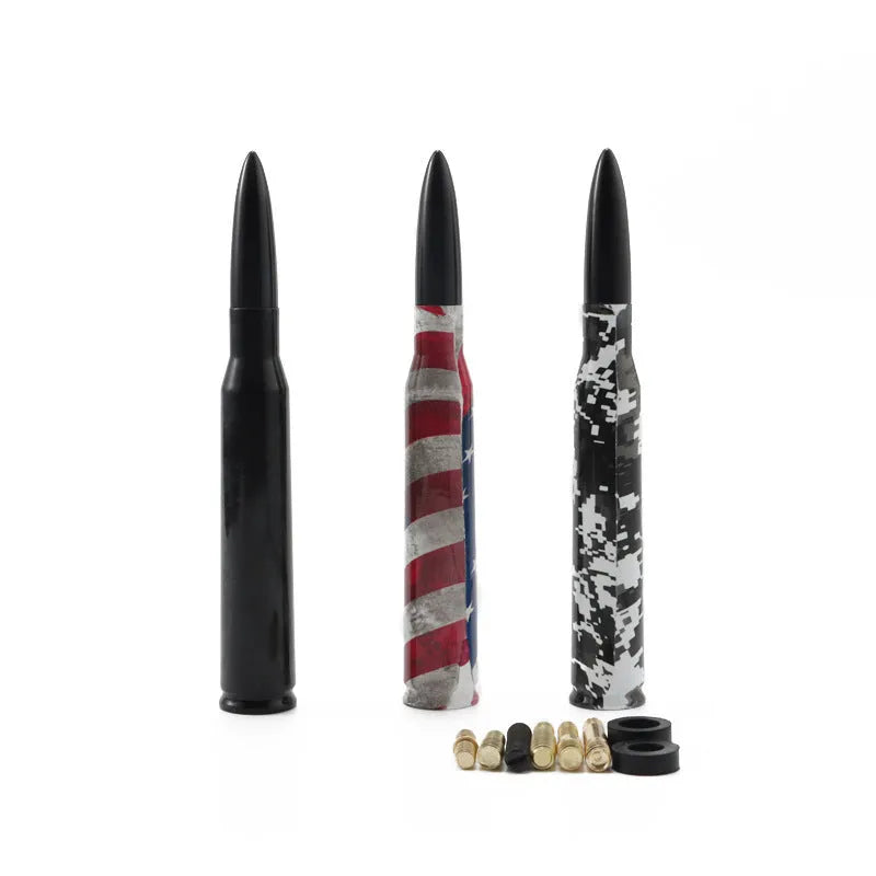 14cm bullet car antenna shown in camouflage green, black, and American flag colour options.